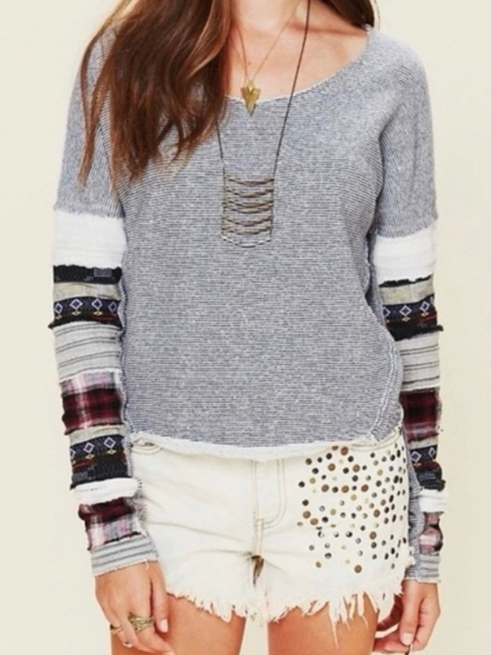 We the Free Women's Gray Patchwork Sleeve Knit Top
